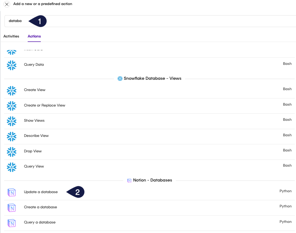 This image displays the search box with the text database and the selection of the action, which is Notion update a database
